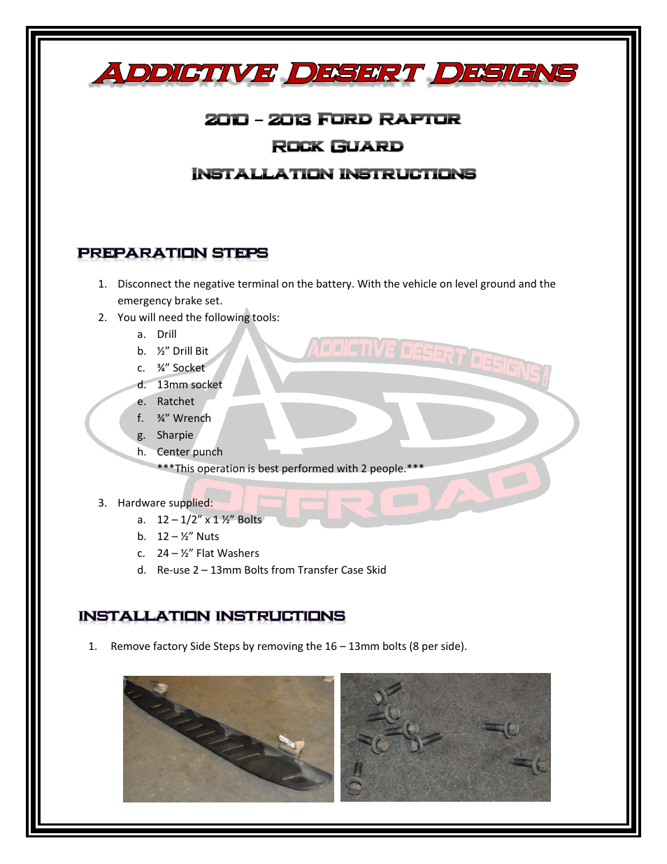 Addictive Desert Designs 2009 - 2013 F-150/Raptor Rock Guard Side Step User Manual | 4 pages