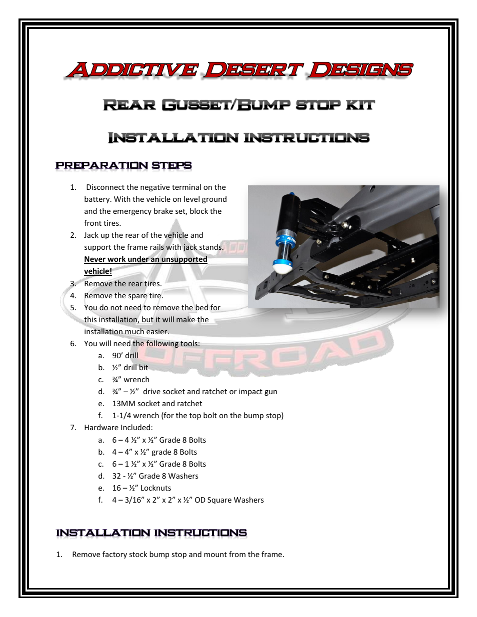 Addictive Desert Designs 2010 - 2013 Ford Raptor Rear Frame Gusset/Bump Stop Kit User Manual | 5 pages