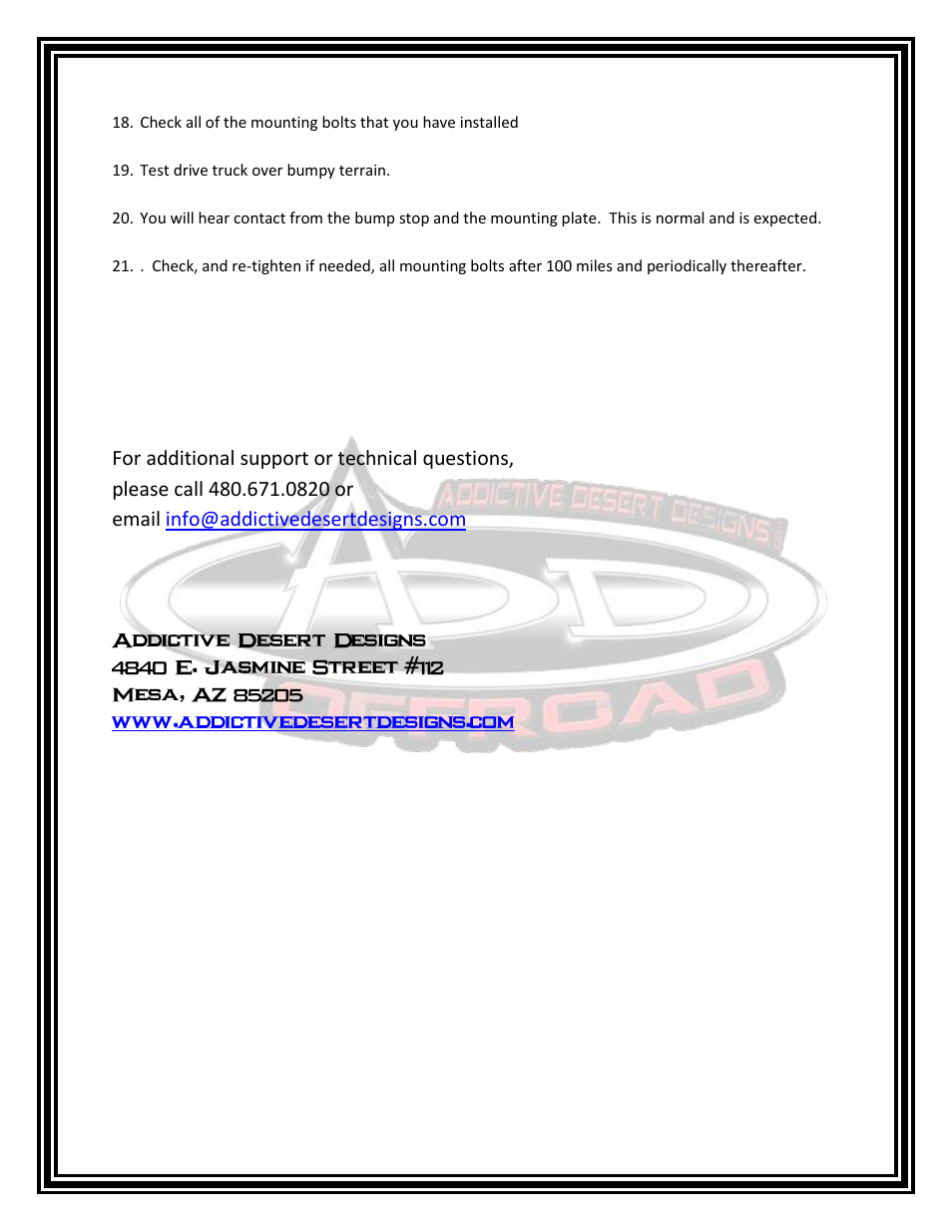 Addictive Desert Designs 2010 - 2013 Ford Raptor Rear Frame Gusset/Bump Stop Kit User Manual | Page 5 / 5