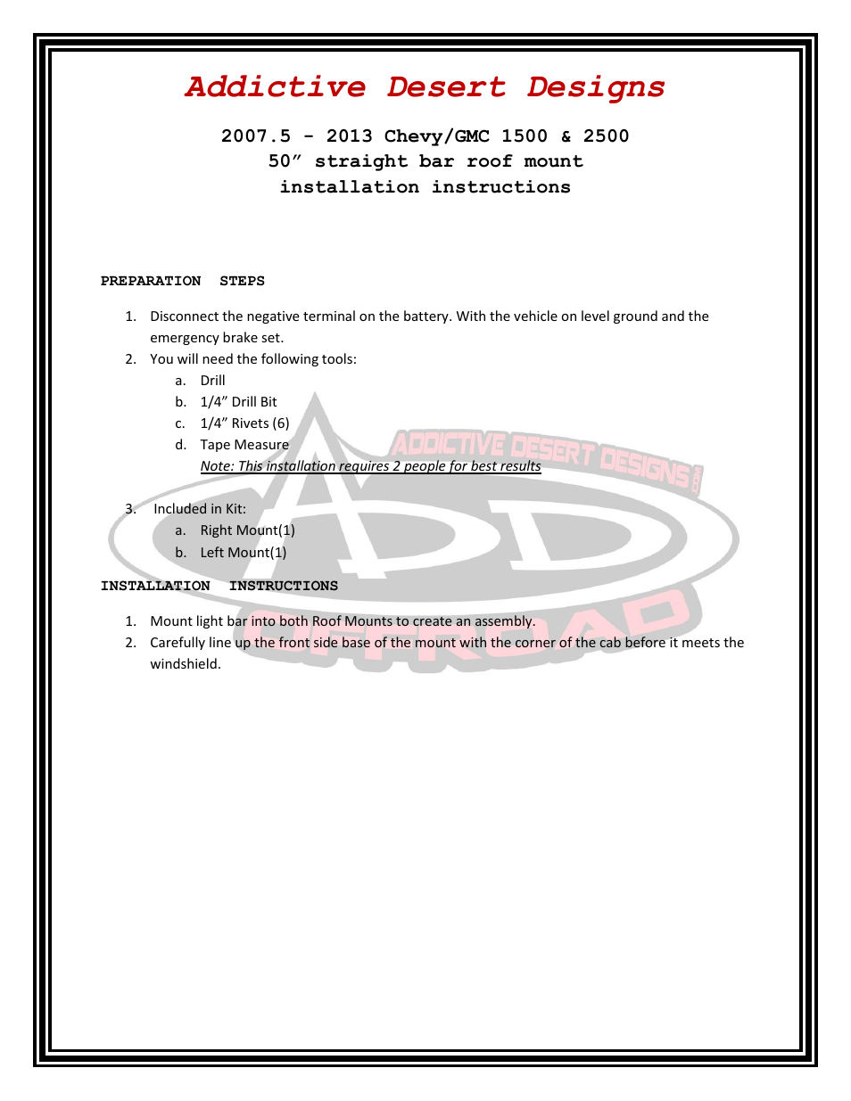 Addictive Desert Designs 2007.5 - 2013 Chevy/GMC 1500 & 2500 50 Straight Bar Roof Mount User Manual | 4 pages