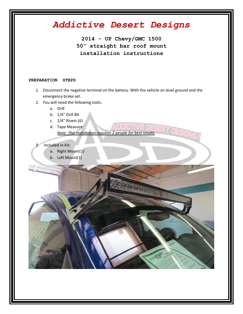 Addictive Desert Designs 2014 - UP Chevy/GMC 1500 50 Straight Bar Roof Mount User Manual | 4 pages