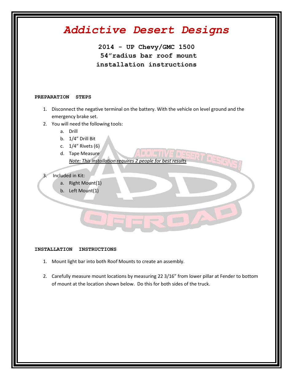 Addictive Desert Designs 2014 - UP Chevy/GMC 1500 54 Radius Bar Roof Mount User Manual | 4 pages