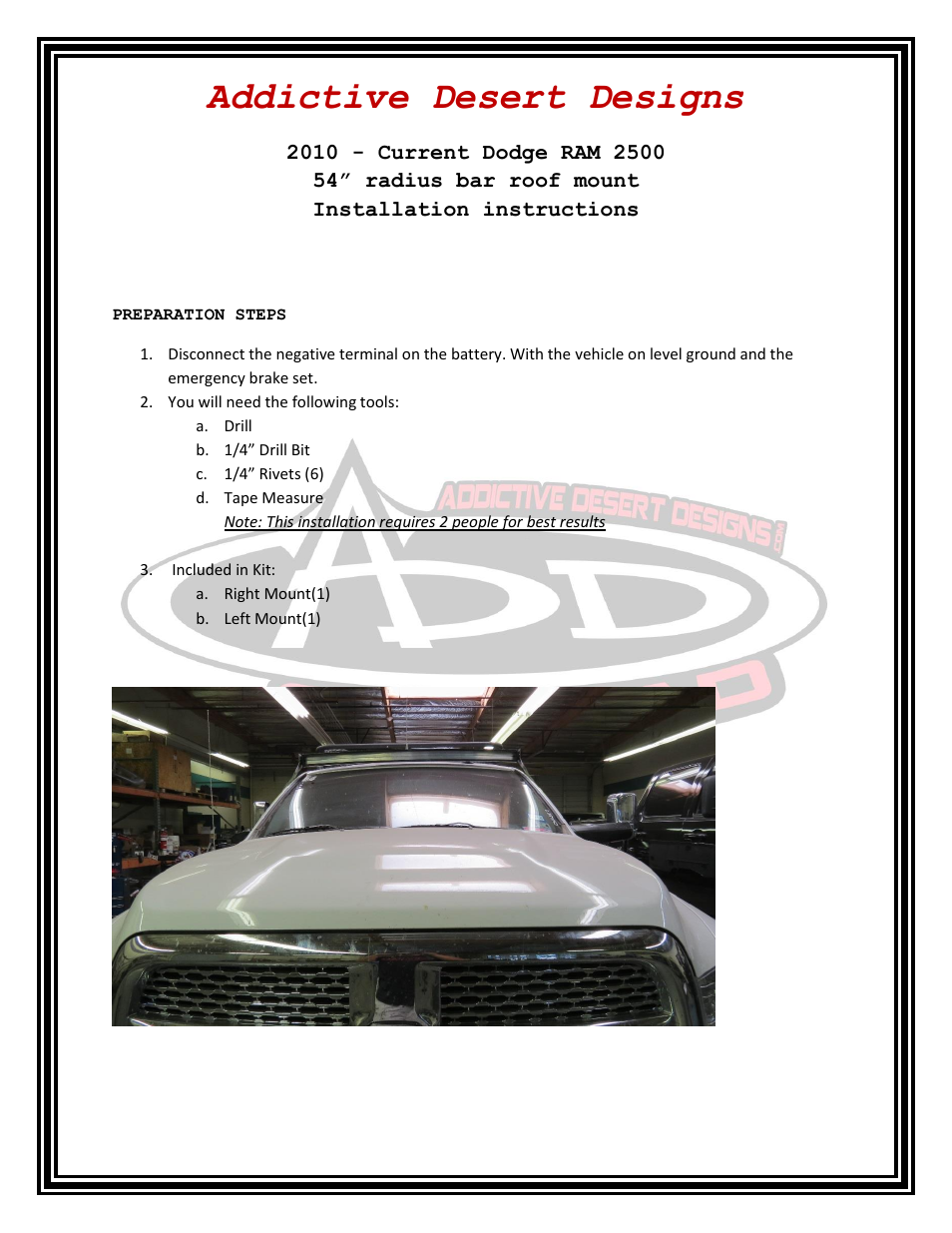 Addictive Desert Designs 2010 - Current Dodge RAM 2500 54 Radius Bar Roof Mount User Manual | 4 pages