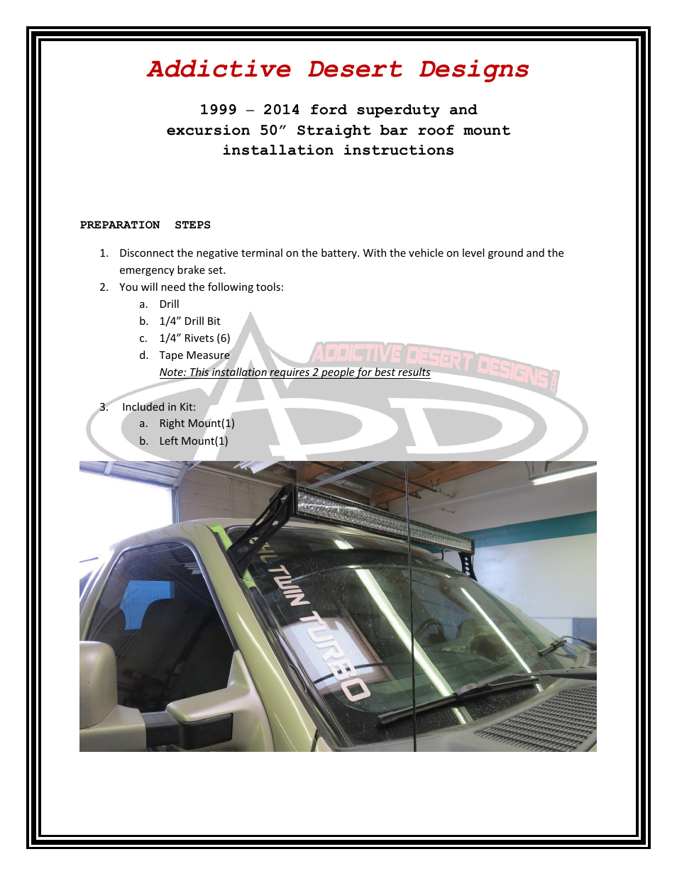 Addictive Desert Designs 1999 – 2014 Ford Superduty and Excursion 50 Straight Bar Roof Mount User Manual | 4 pages