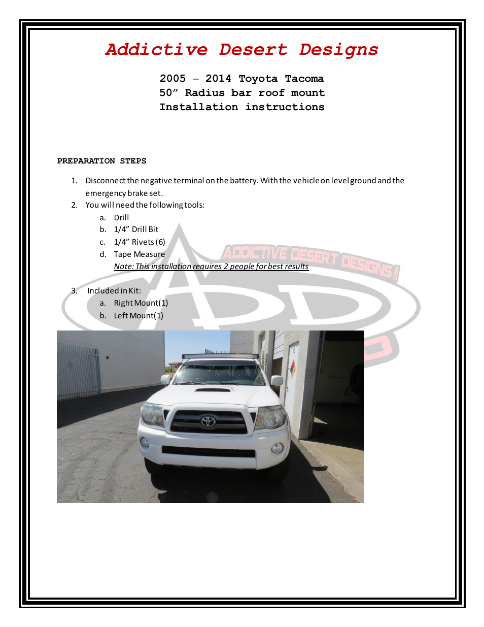 Addictive Desert Designs 2005 – 2014 Toyota Tacoma 50 Radius Bar Roof Mount User Manual | 4 pages