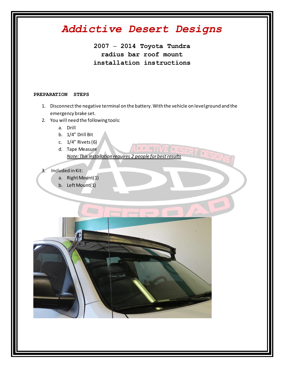 Addictive Desert Designs 2007 – 2014 Toyota Tundra Radius Bar Roof Mount User Manual | 4 pages
