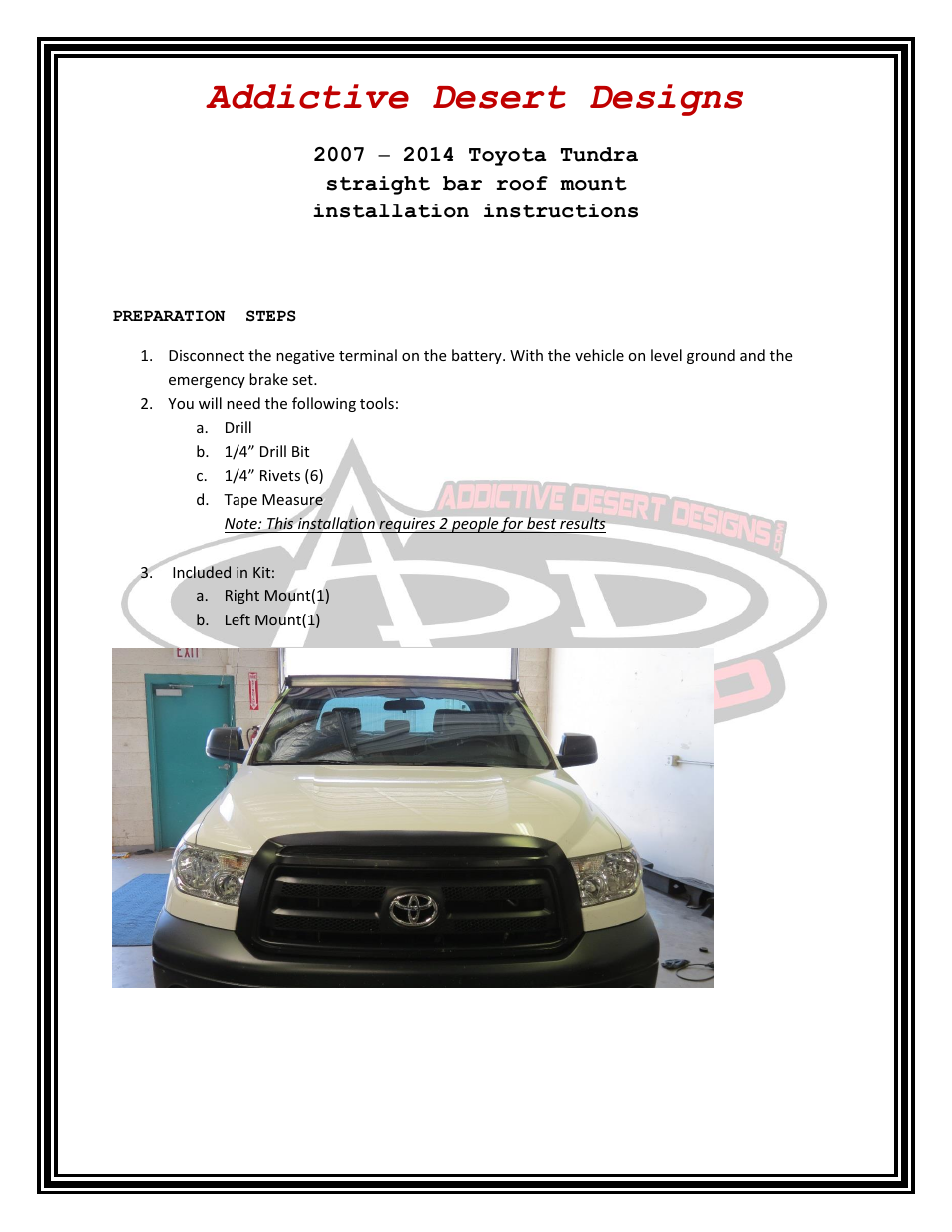 Addictive Desert Designs 2007 – 2014 Toyota Tundra Straight Bar Roof Mount User Manual | 4 pages