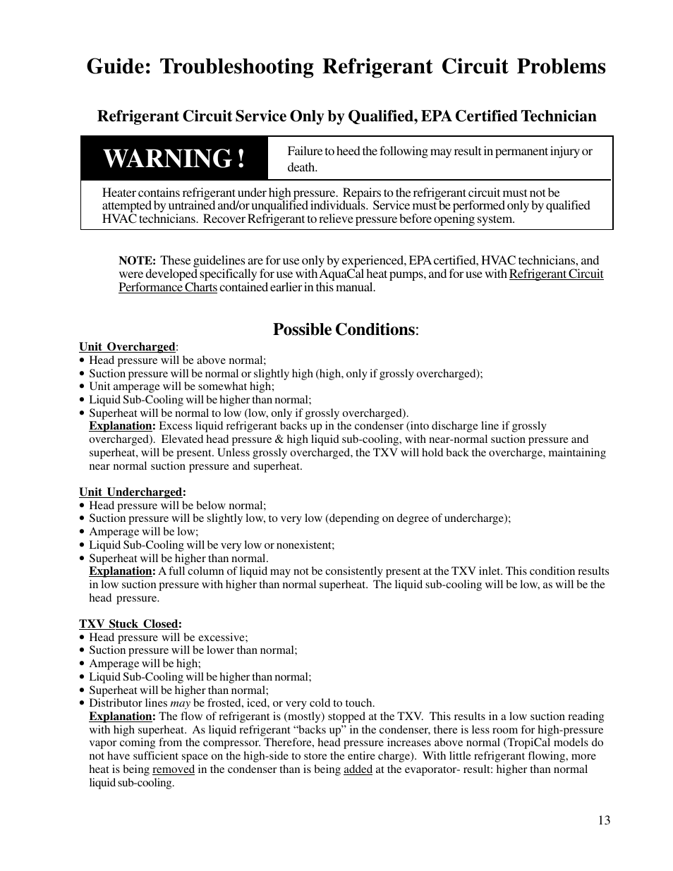 Warning, Possible conditions | Aquacal T115 User Manual | Page 13 / 36