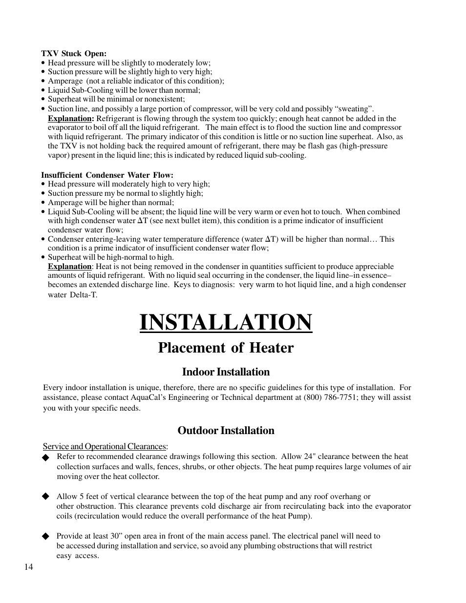 Installation, Placement of heater, Outdoor installation | Indoor installation | Aquacal T115 User Manual | Page 14 / 36