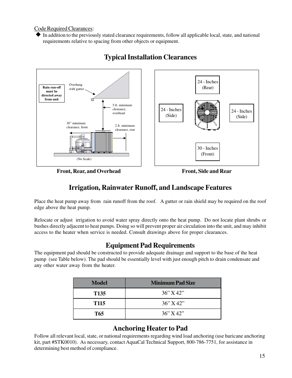 Typical installation clearances, Equipment pad requirements, Anchoring heater to pad | Aquacal T115 User Manual | Page 15 / 36