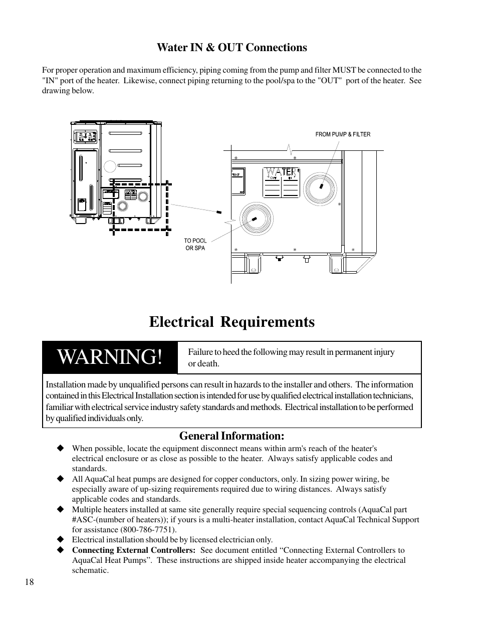 Warning, Electrical requirements, Water in & out connections | General information | Aquacal T115 User Manual | Page 18 / 36