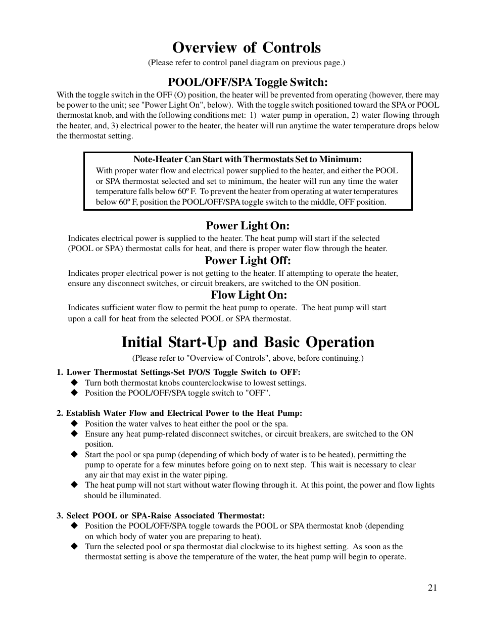 Initial start-up and basic operation, Overview of controls, Pool/off/spa toggle switch | Power light on, Power light off, Flow light on | Aquacal T115 User Manual | Page 21 / 36