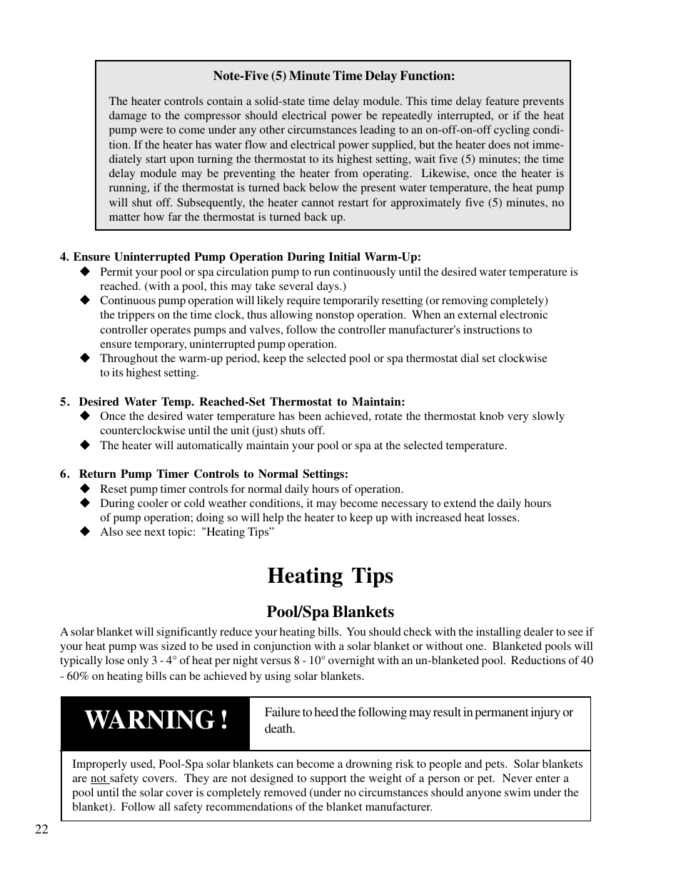 Warning, Heating tips, Pool/spa blankets | Aquacal T115 User Manual | Page 22 / 36