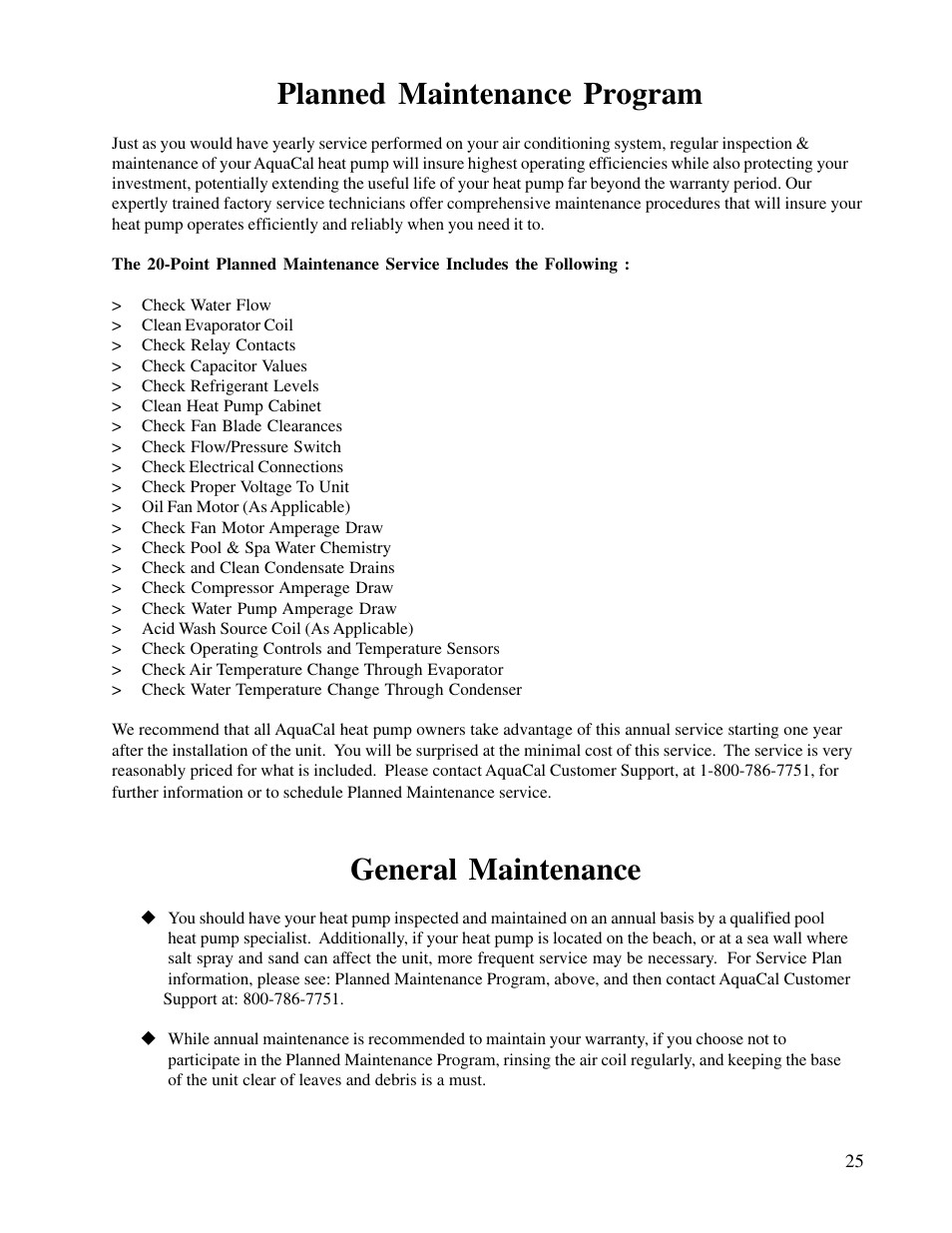 Planned maintenance program, General maintenance | Aquacal T115 User Manual | Page 25 / 36