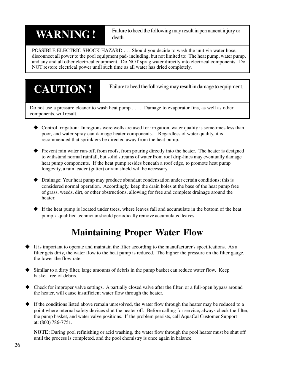 Caution, Warning, Maintaining proper water flow | Aquacal T115 User Manual | Page 26 / 36