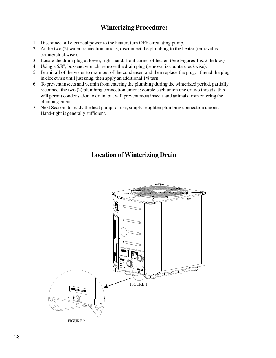 Winterizing procedure, Location of winterizing drain | Aquacal T115 User Manual | Page 28 / 36