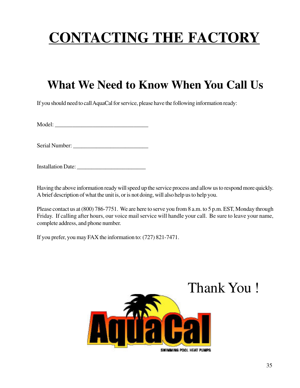 What we need to know when you call us | Aquacal T115 User Manual | Page 35 / 36