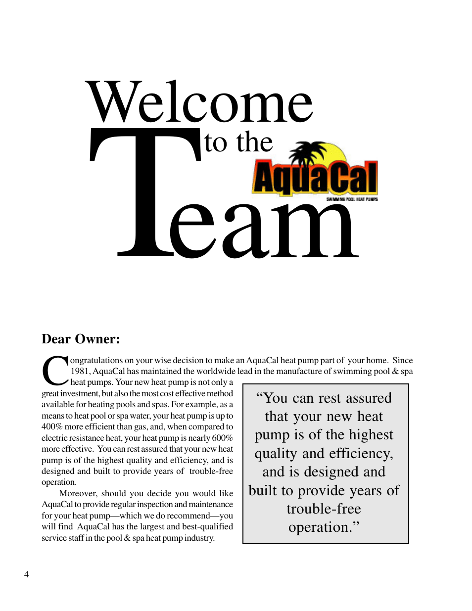 Welcome | Aquacal T115 User Manual | Page 4 / 36