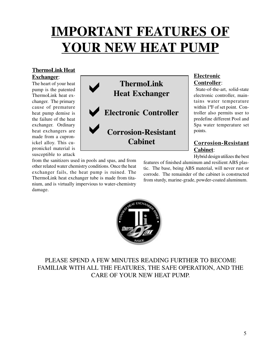 A a a, Important features of your new heat pump | Aquacal T115 User Manual | Page 5 / 36