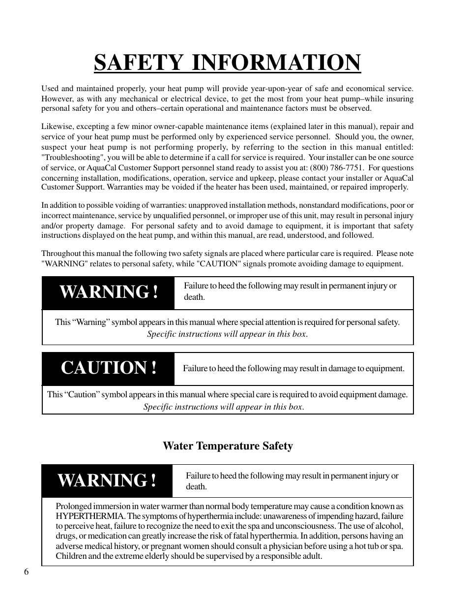 Safety information, Caution, Warning | Aquacal T115 User Manual | Page 6 / 36