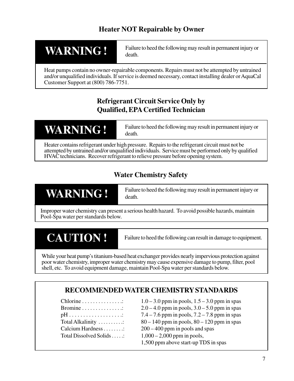 Warning, Caution | Aquacal T115 User Manual | Page 7 / 36