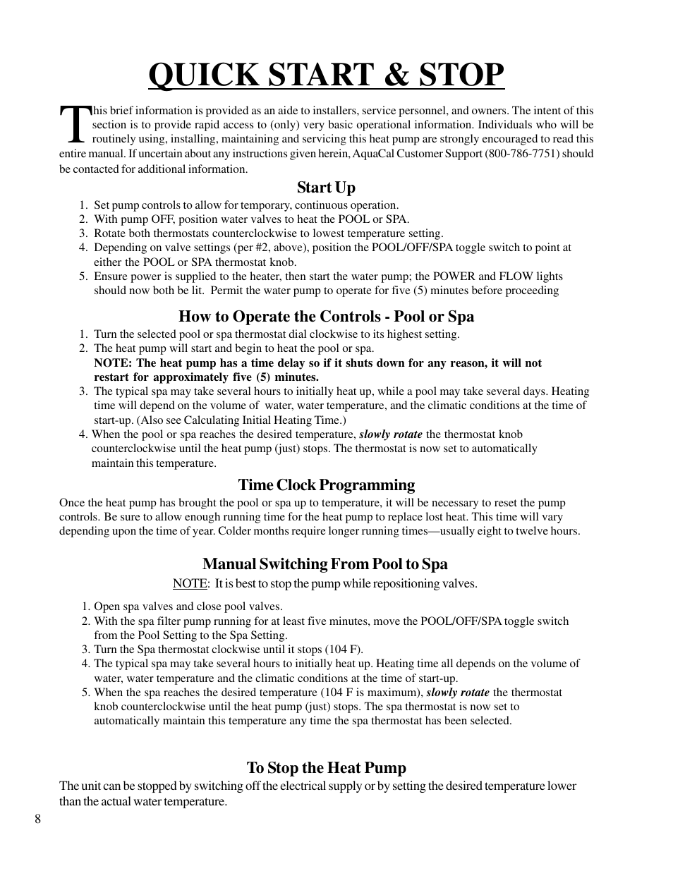 Quick start & stop | Aquacal T115 User Manual | Page 8 / 36