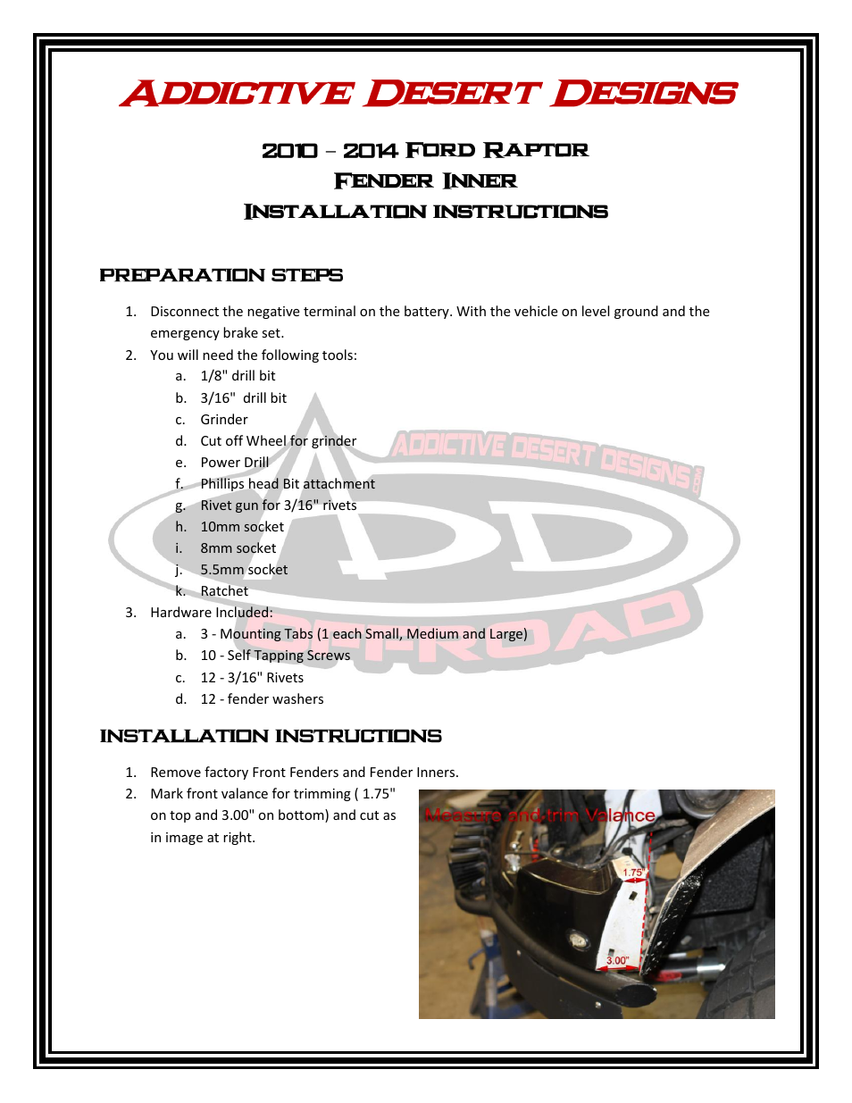 Addictive Desert Designs 2010 - 2014 Ford Raptor Fender Inner User Manual | 4 pages