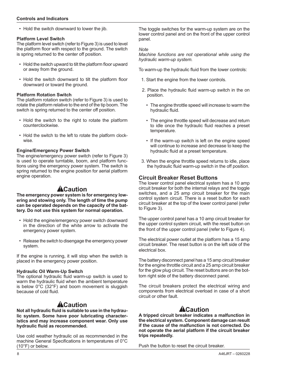 Platform level switch, Platform rotation switch, Engine/emergency power switch | Hydraulic oil warm-up switch, Circuit breaker reset buttons, Caution | Snorkel A46JRT User Manual | Page 10 / 28