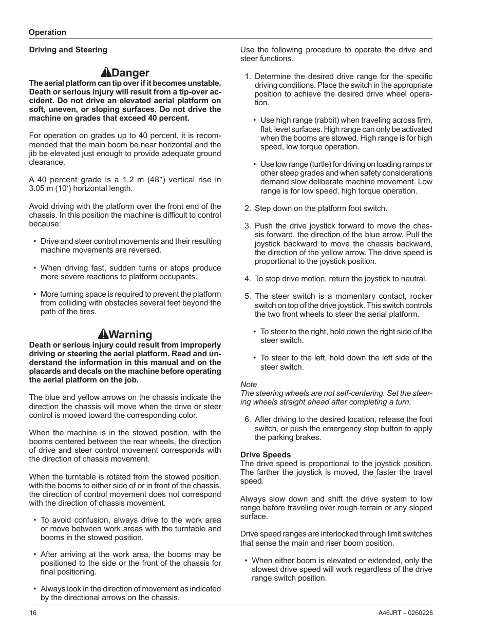 Driving and steering, Drive speeds, Danger | Warning | Snorkel A46JRT User Manual | Page 18 / 28
