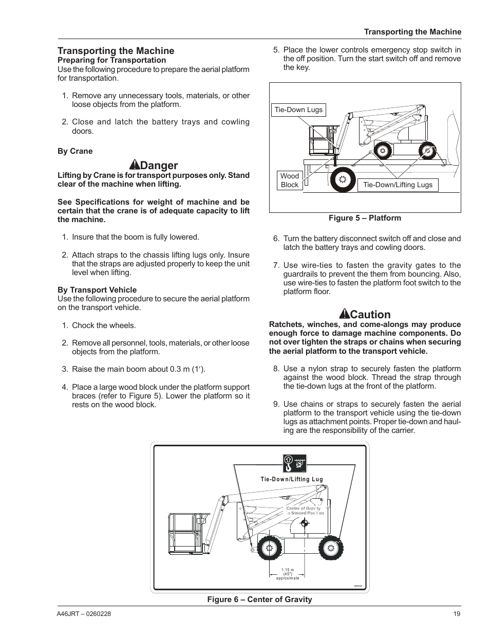 Transporting the machine, Preparing for transportation, By crane | By transport vehicle, Danger, Caution | Snorkel A46JRT User Manual | Page 21 / 28
