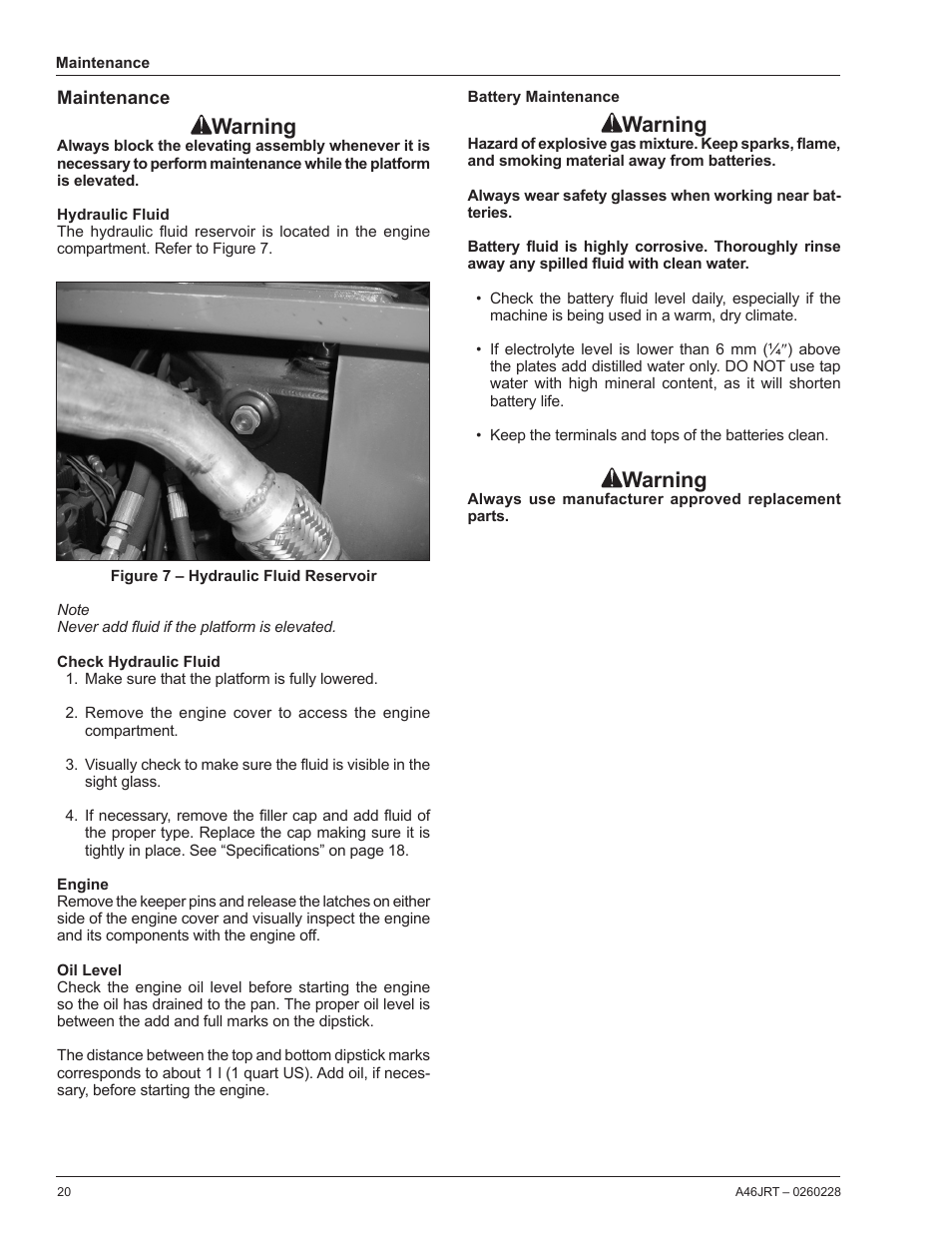 Maintenance, Hydraulic fluid, Check hydraulic fluid | Engine, Oil level, Battery maintenance, Warning | Snorkel A46JRT User Manual | Page 22 / 28