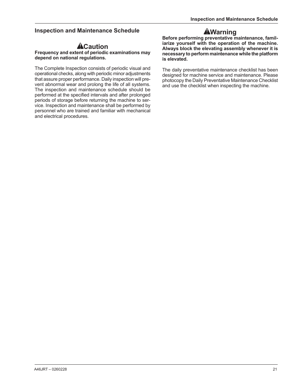 Inspection and maintenance schedule, Caution, Warning | Snorkel A46JRT User Manual | Page 23 / 28