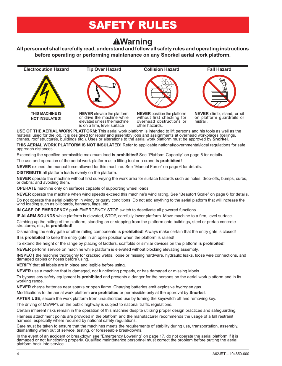Safety rules, Warning | Snorkel A62JRT User Manual | Page 6 / 26