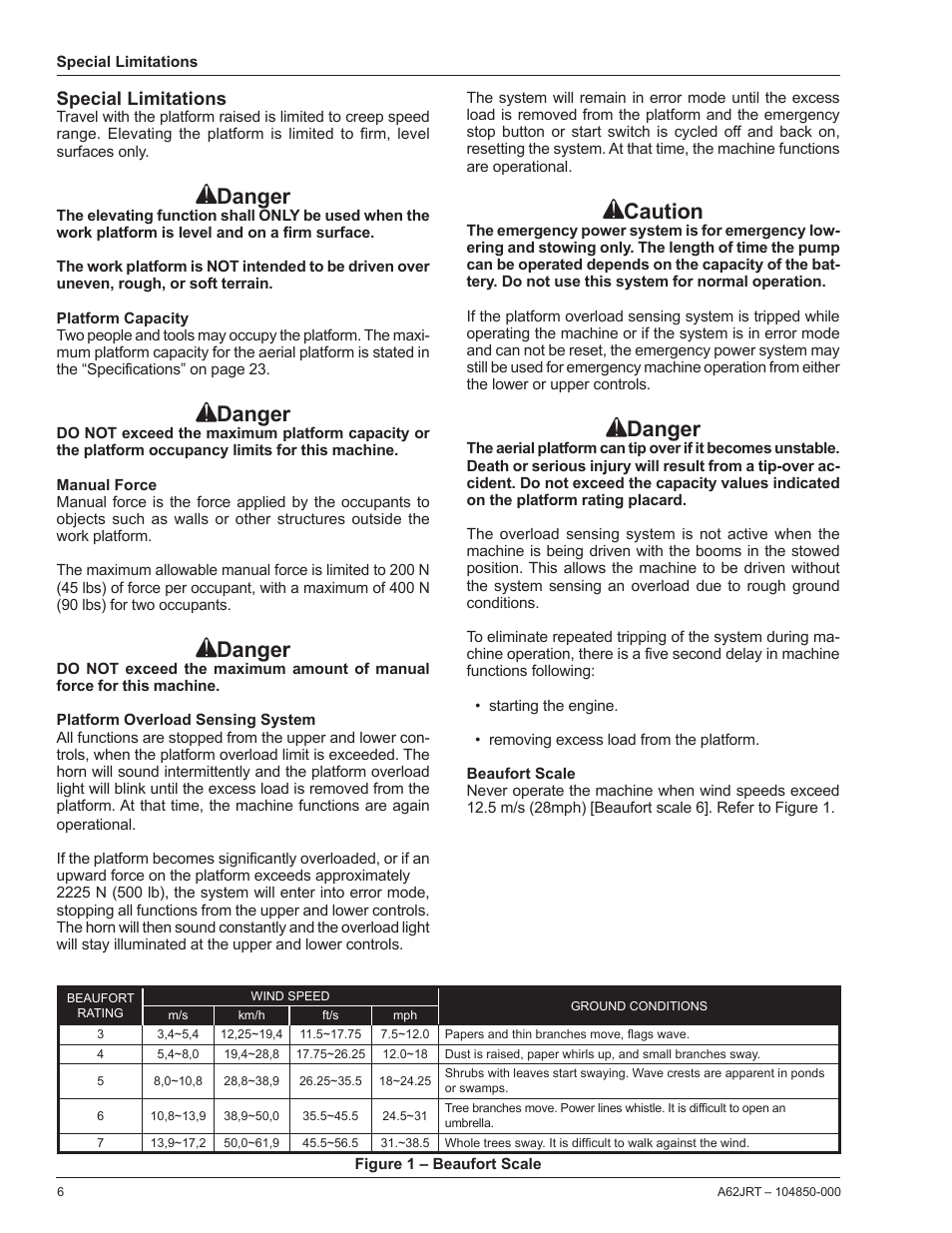 Danger, Caution, Special limitations | Snorkel A62JRT User Manual | Page 8 / 26