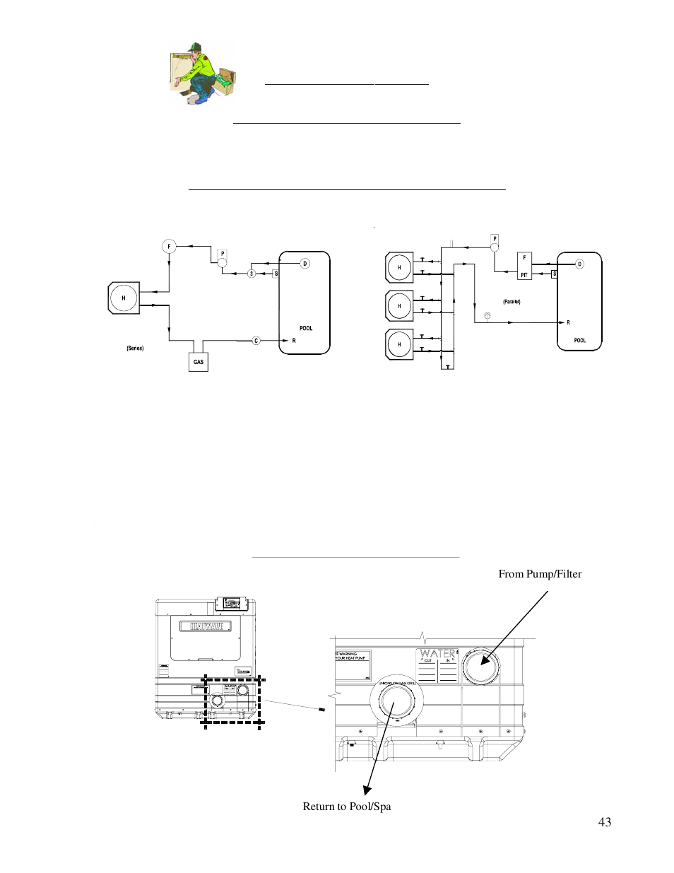 Installation, Plumbing requirements, Plumbing schematics–flow 20 to 70-gpm (continued) | Aquacal 100  EN User Manual | Page 43 / 65