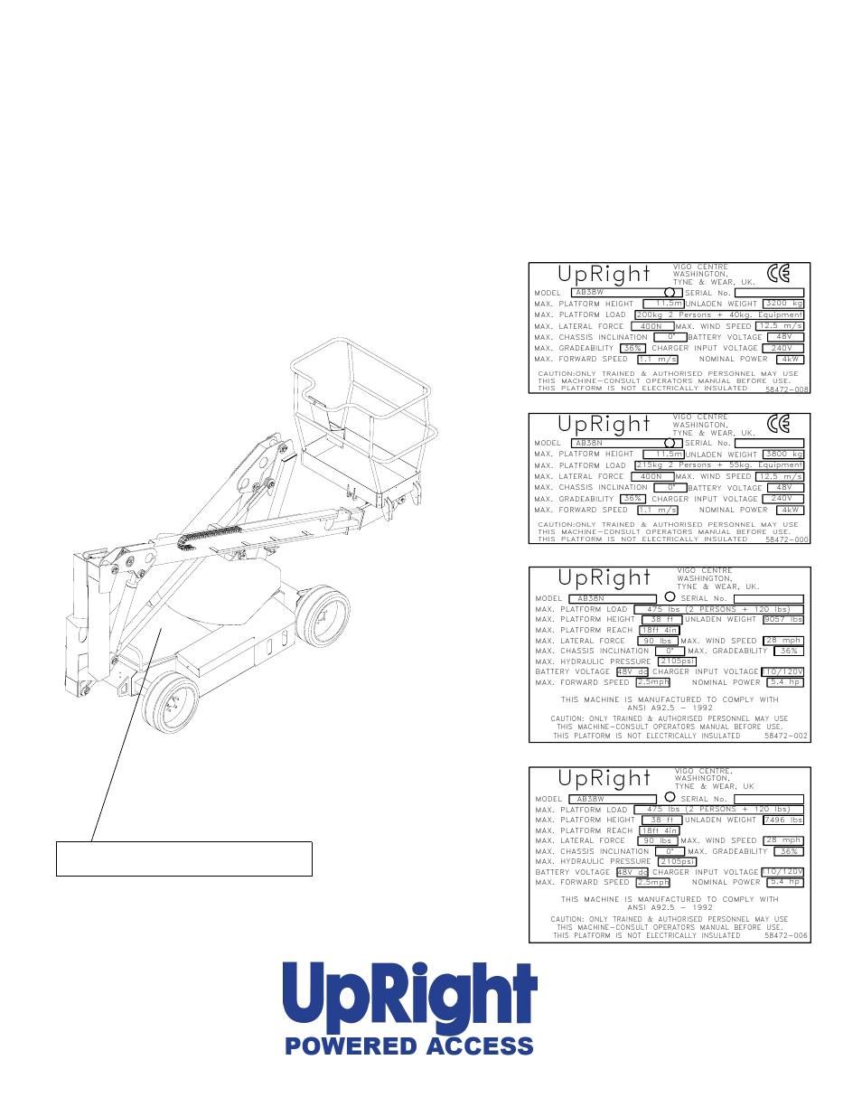 Ab38, Serial numbers 3700 – current, Upright | Snorkel AB38-sn3700-04243 User Manual | Page 3 / 20