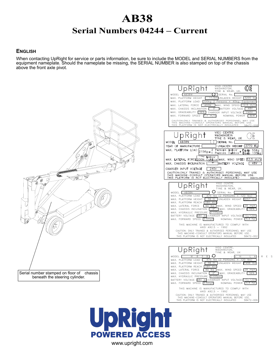 Ab38, Upright | Snorkel AB38-sn04244+ User Manual | Page 3 / 20