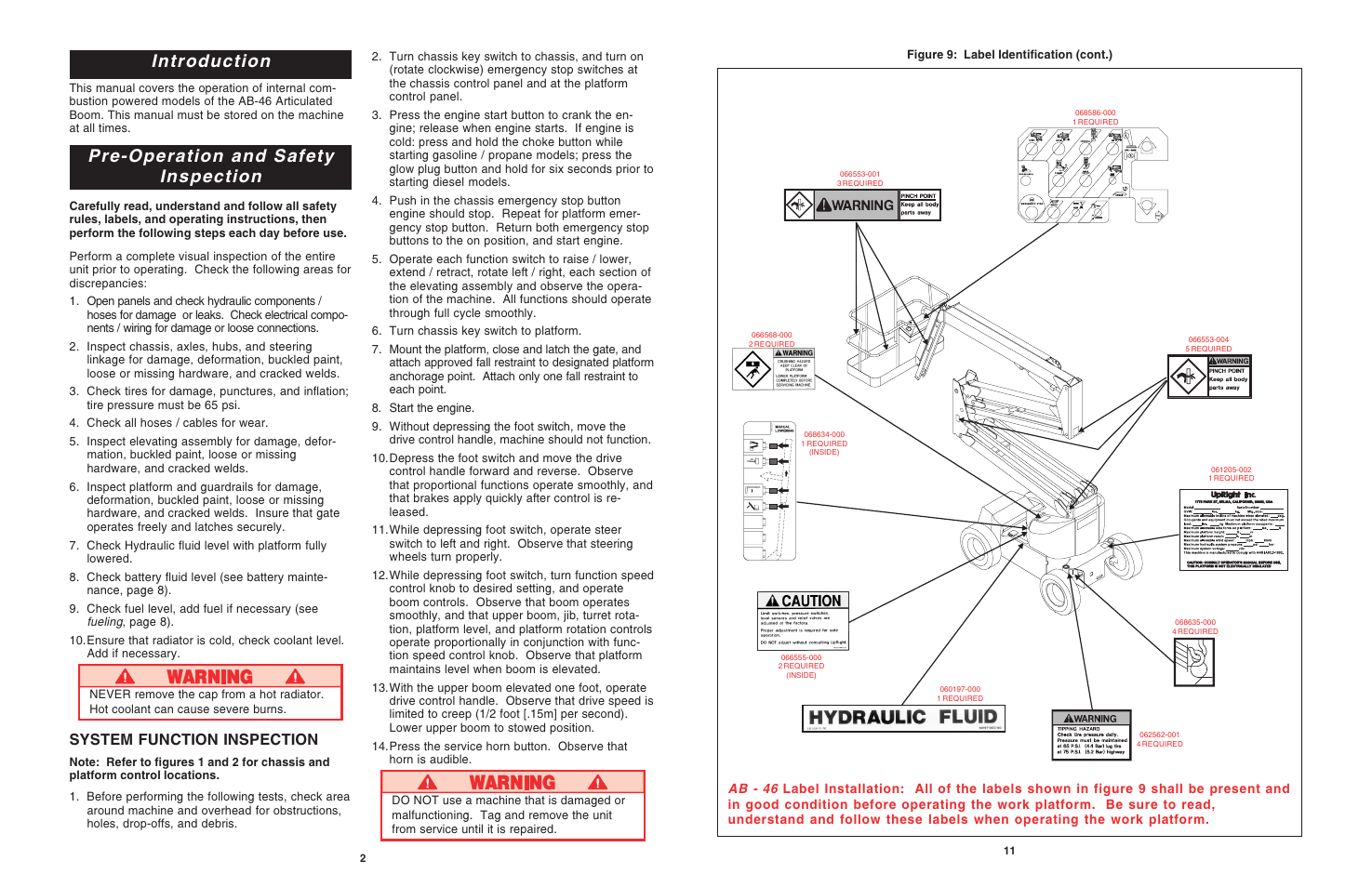 Introduction, Pre-operation and safety inspection, System function inspection | Snorkel AB46-sn1000+ANSI User Manual | Page 2 / 6