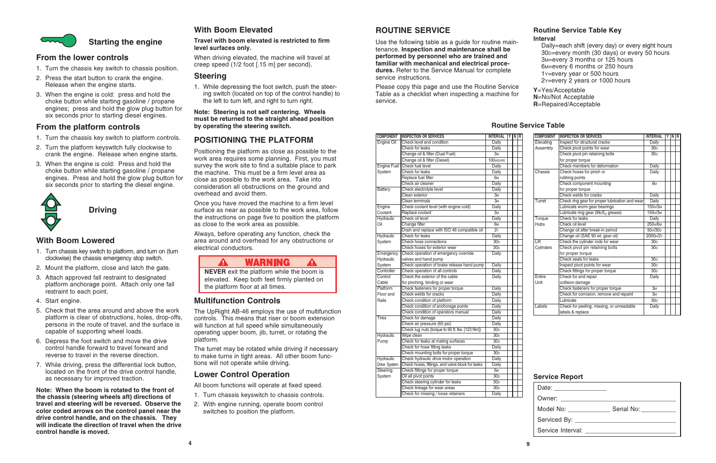 Starting the engine from the lower controls, Driving with boom lowered, With boom elevated | Steering, Positioning the platform, Multifunction controls, Lower control operation, Routine service, Routine service table key, Routine service table service report | Snorkel AB46-sn1000+ANSI User Manual | Page 4 / 6