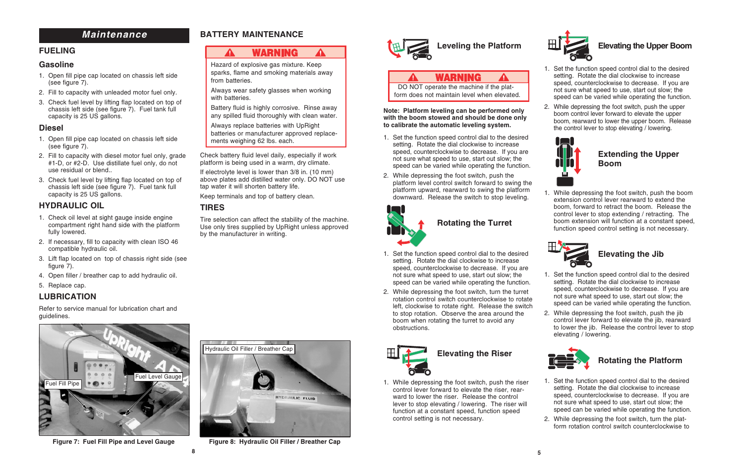 Maintenance, Elevating the upper boom, Extending the upper boom | Elevating the jib, Rotating the platform, Leveling the platform, Rotating the turret, Elevating the riser, Fueling gasoline, Diesel | Snorkel AB46-sn1000+ANSI User Manual | Page 5 / 6