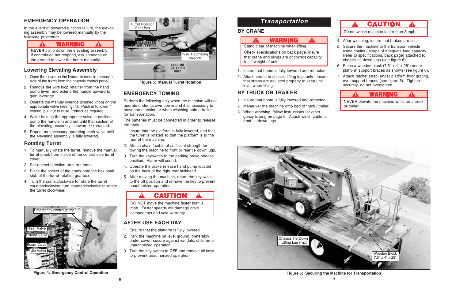 Transportation, By crane, By truck or trailer | Emergency operation, Lowering elevating assembly, Rotating turret, Emergency towing, After use each day | Snorkel AB46-sn1000+ANSI User Manual | Page 6 / 6