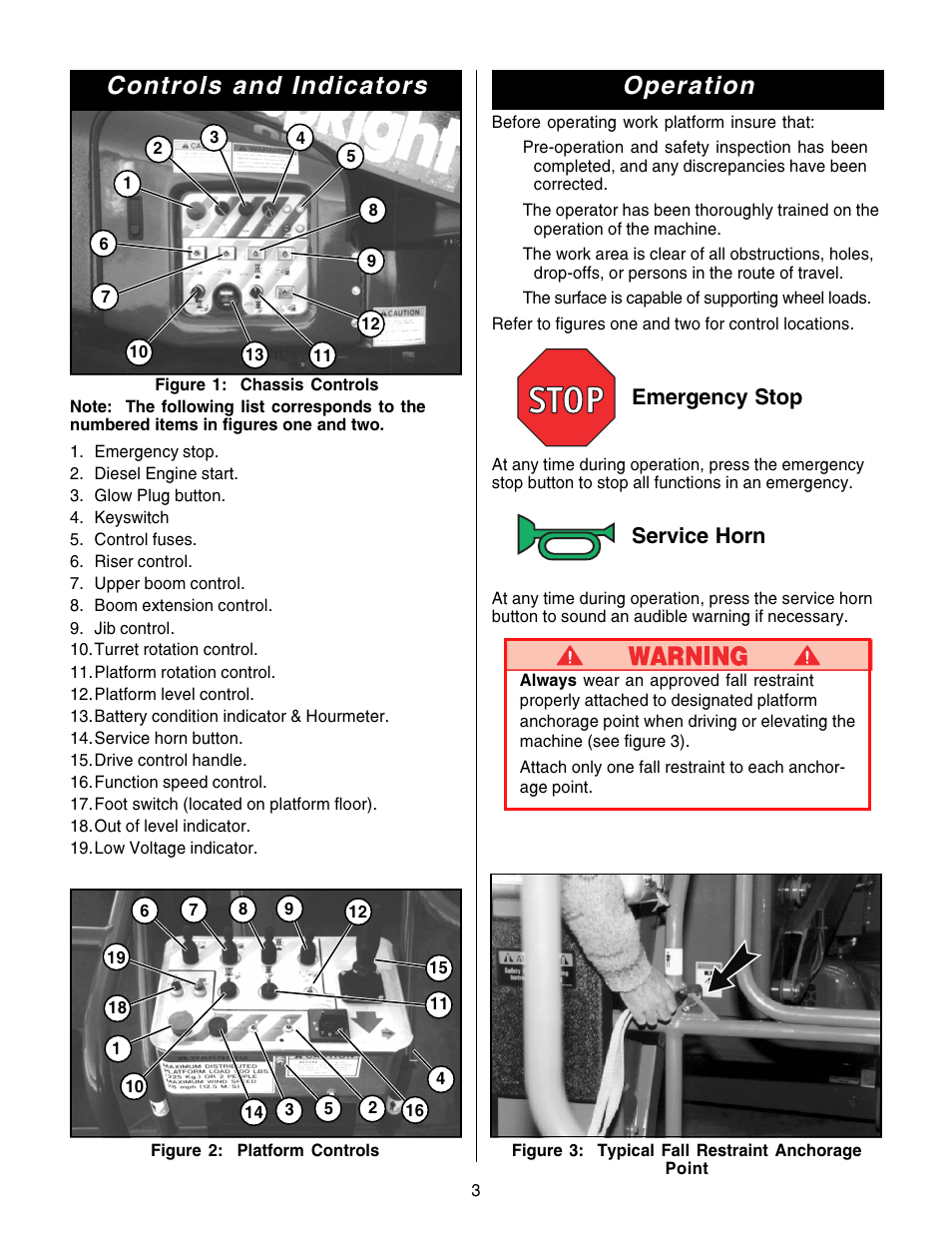 Operation, Controls and indicators, Emergency stop | Service horn | Snorkel AB46 Bi Energy and Electric User Manual | Page 3 / 12