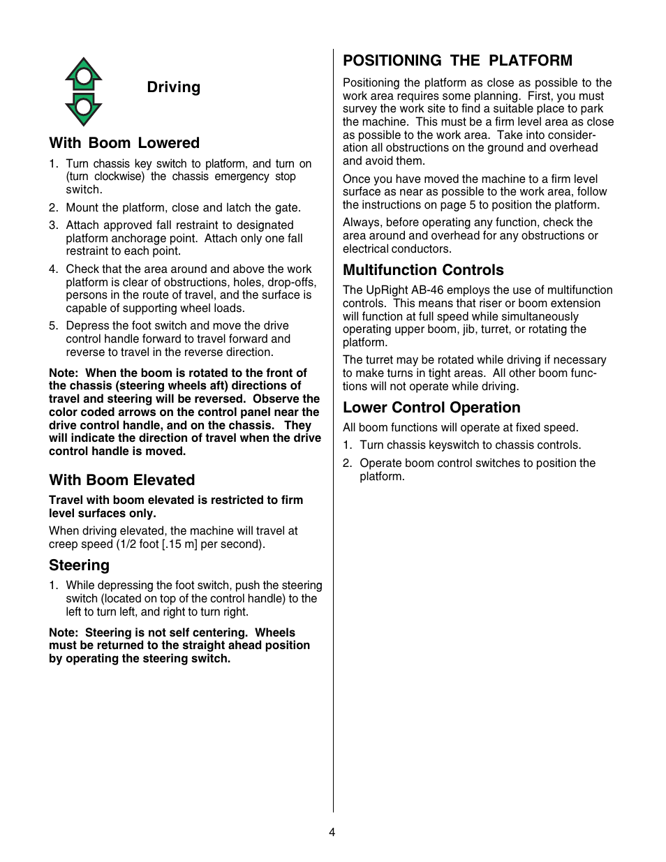Driving with boom lowered, With boom elevated, Steering | Positioning the platform, Multifunction controls, Lower control operation | Snorkel AB46 Bi Energy and Electric User Manual | Page 4 / 12
