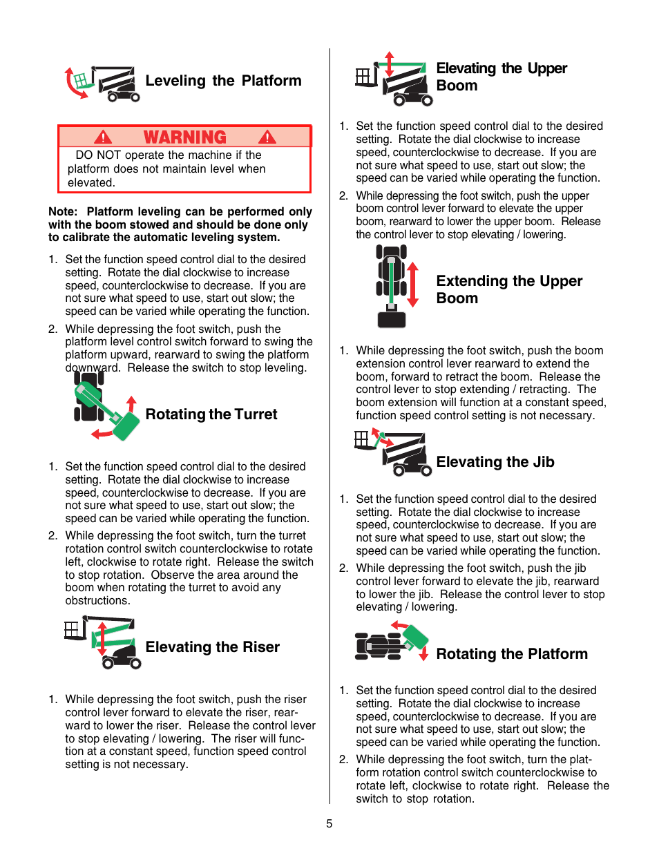 Elevating the upper boom, Extending the upper boom, Elevating the jib | Rotating the platform, Leveling the platform, Rotating the turret, Elevating the riser | Snorkel AB46 Bi Energy and Electric User Manual | Page 5 / 12