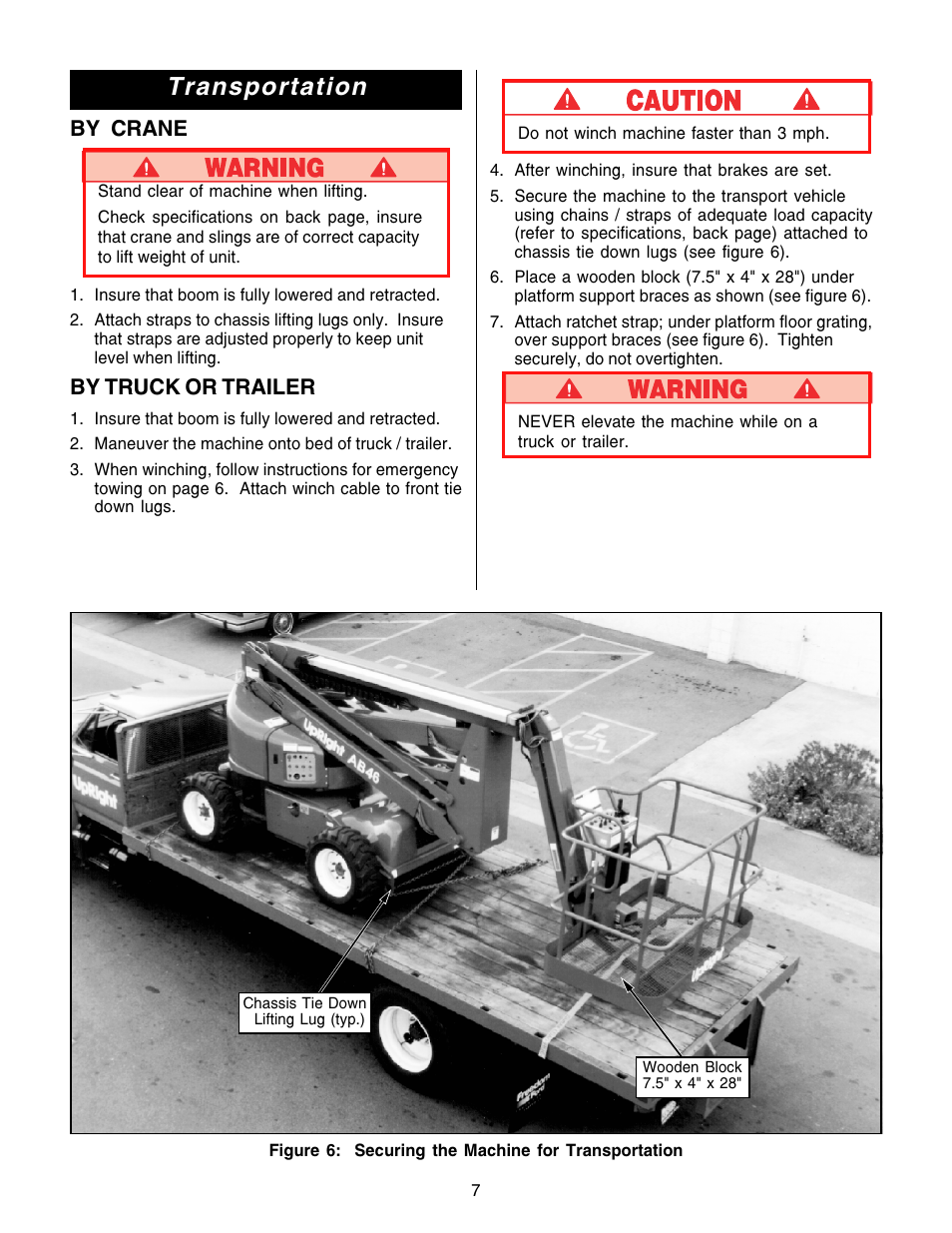 Transportation, By crane, By truck or trailer | Snorkel AB46 Bi Energy and Electric User Manual | Page 7 / 12