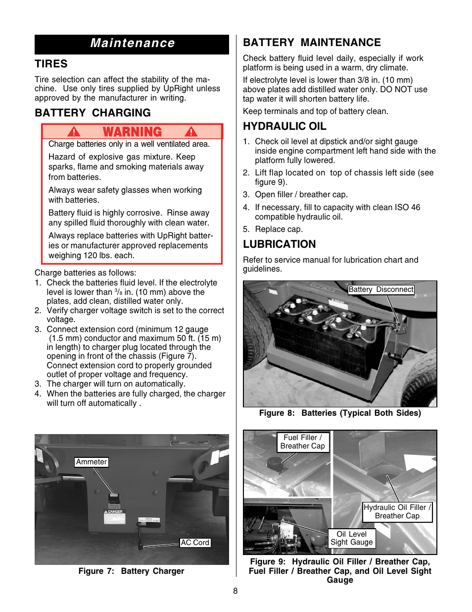 Maintenance, Tires, Battery charging | Battery maintenance, Hydraulic oil, Lubrication | Snorkel AB46 Bi Energy and Electric User Manual | Page 8 / 12