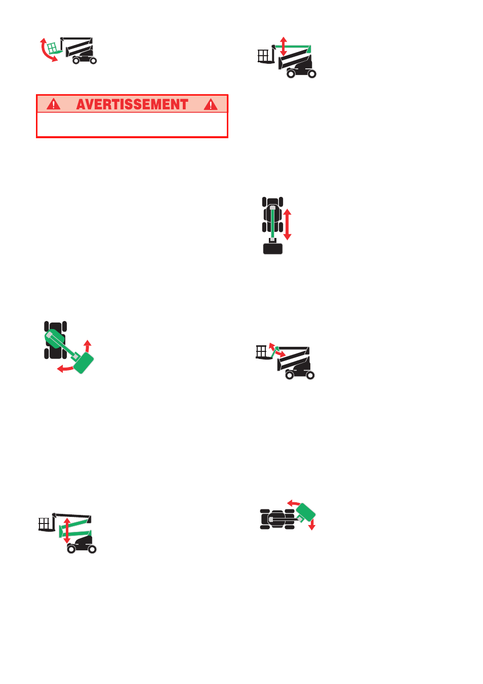Mise de niveau de la plate-forme, Rotation du revolver, Élévation du bras articulé de soulèvement | Élévation de la flèche, Déploiement de la flèche, Élévation du bras en porte-à-faux, Rotation de la plate-forme | Snorkel AB46 Bi-Energy User Manual | Page 16 / 46