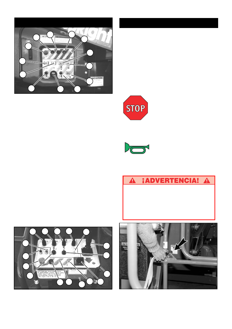 Controles e indicadores, Operacion, Parada de emergencia | Bocina | Snorkel AB46 Bi-Energy User Manual | Page 34 / 46