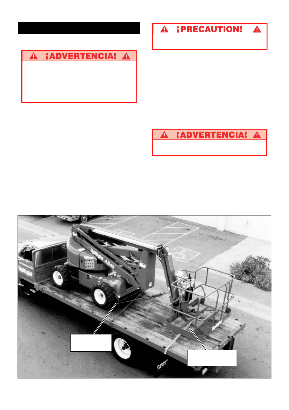 Transporte, Por grúa, Por camión o tráiler | Snorkel AB46 Bi-Energy User Manual | Page 38 / 46