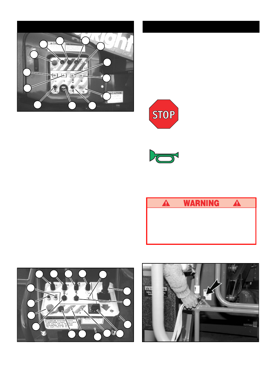 Operation, Controls and indicators, Emergency stop | Service horn | Snorkel AB46 Bi-Energy User Manual | Page 4 / 46